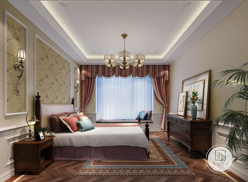 卧室布置简单大方，作为主人的私密空间，主要功能性为主，地毯造型给屋子增色不少。