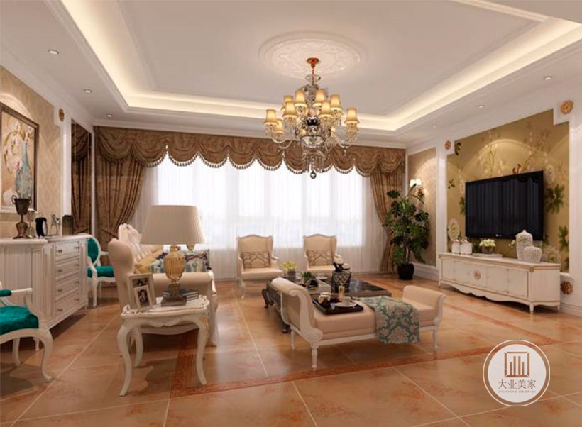 客厅大多采用白色为主，沙发采用白色和绿色搭配，另外靠垫的面料和质感也很重要。