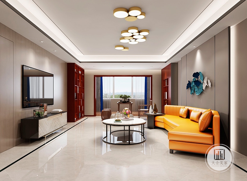 客厅采用大理石地面材质相搭配来体现空间的宽敞明亮。
