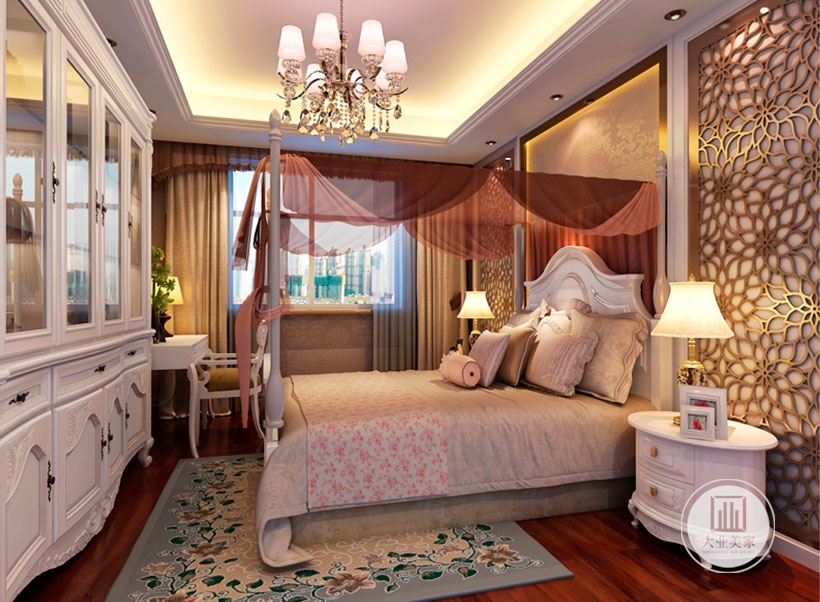 卧室的白色顶面搭配深木色地板，绿植进行装饰，给空间增加了活力。