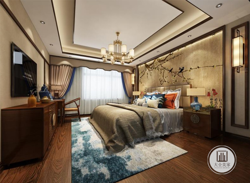 卧室敦厚精美的床，梅花的壁纸，都能带出独特的风格和特有的质感。