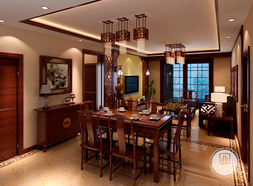 客厅的设计融入了中式元素，体现了主人追求一种修身养性的生活境界。