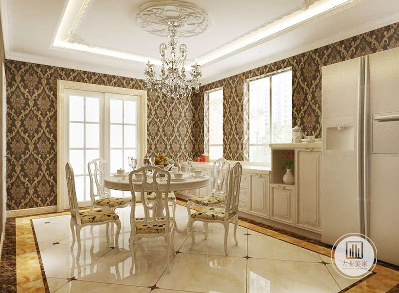 餐厅采用大理石、金饰等材质相搭配，家居选择了白色，华丽但不缺少清新。