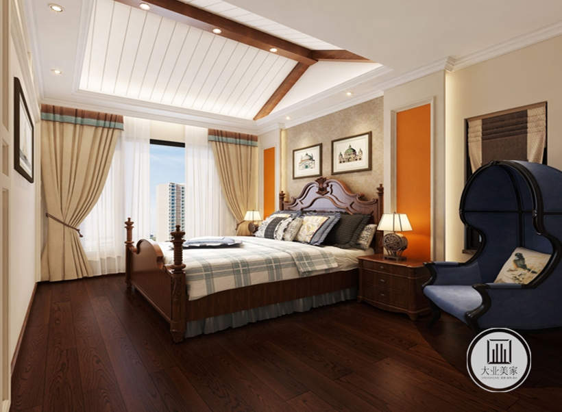 卧室的白色顶面与深木色地面有着“天轻地重”的舒适视觉感。