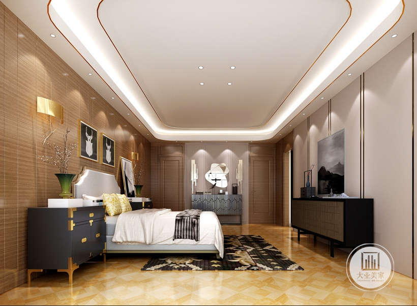 卧室局部运用黑色、碳灰色形成色彩上的对比反差，再加入跳跃的金色加以点缀，将轻奢的气质最大化彰显。