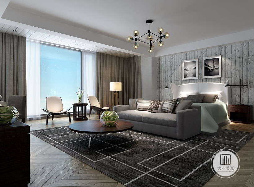 卧室的布置简单大方，设计从视觉上给人宽敞明亮的感觉，家具选择矮小类型，拉升空间感。