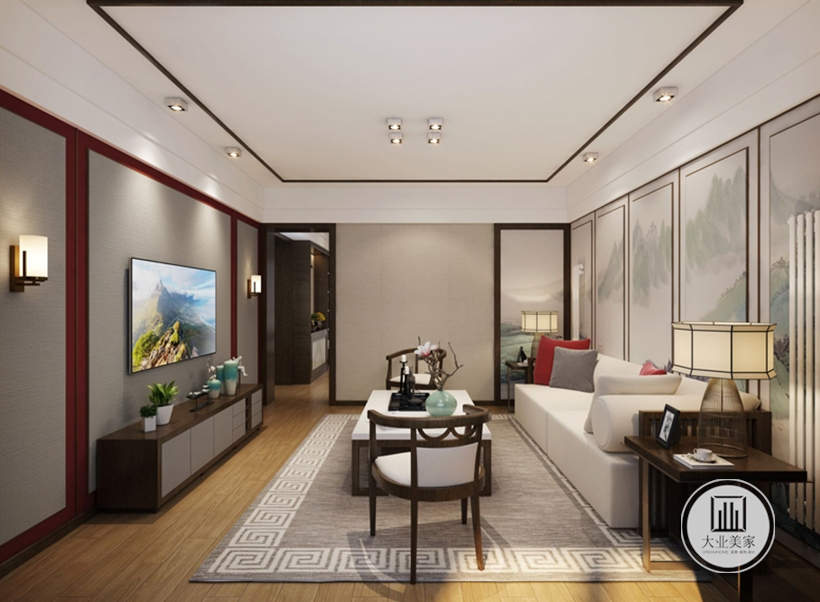 客厅的布置简单大方，设计从视觉上给人宽敞明亮的感觉，家具选择矮小类型，拉升空间感。