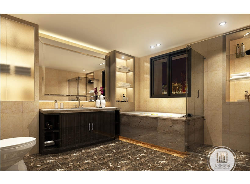 卫生间区设置了洗手台和收纳空间 ，设计合理利用了空间。 
