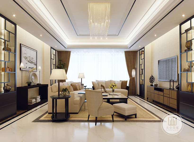 客厅是米黄色的布艺沙发以及同色系的条纹纹地毯，使客厅显得温馨舒适。
