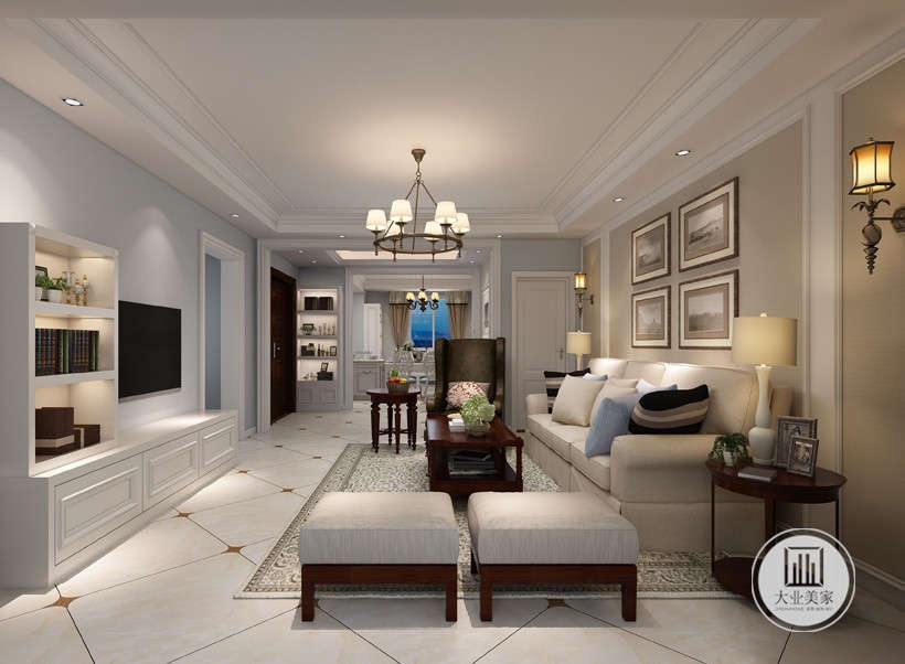 客厅的主色调为白色，搭配同色系的沙发，使整个房间很温馨。