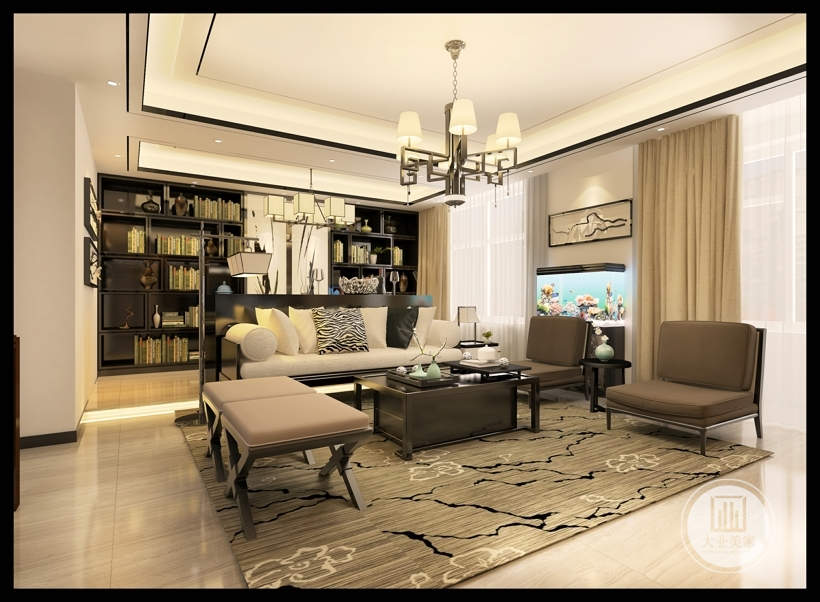 客厅吊灯采用的的聚集式组合灯饰，优雅华丽。简约的深浅色布艺沙发与大理石板材的精致茶几搭配两厢得宜。金属色的镂空隔断华丽大气。