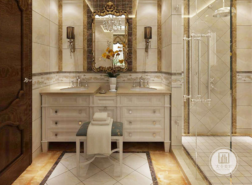 卫生间设计很豪华，设置了洗手台和收纳空间 ，合理利用了空间。
