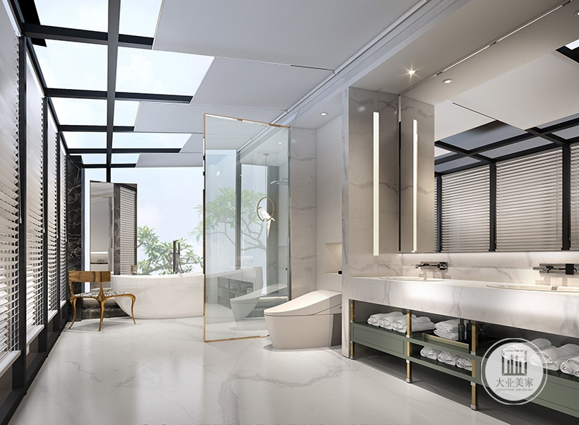 卫生间区设置了洗手台和收纳空间 ，浴缸的设计合理利用了空间。 