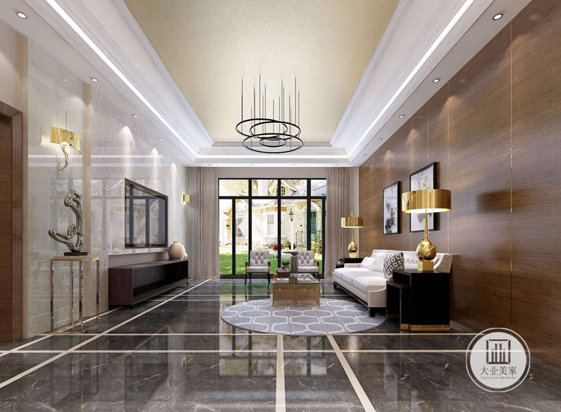 客厅采用大理石、金饰等材质相搭配来体现空间的华贵富丽。