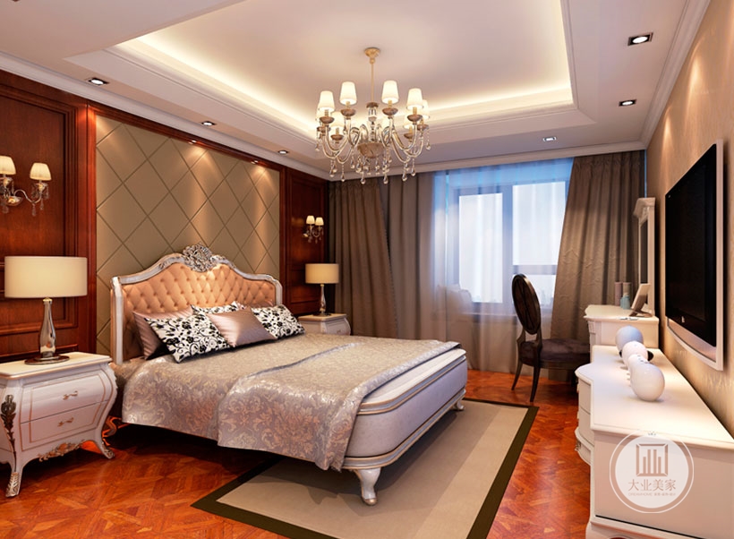 卧室注重对舒适融洽私人空间氛围的营造，设计师采用精美床搭配米色窗帘点缀为整个卧室增添一丝浪漫。
